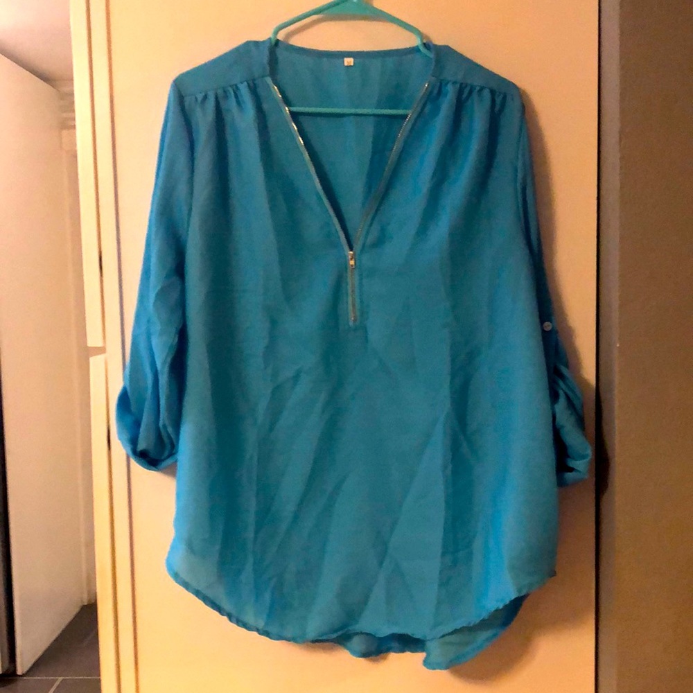 Blue half zip blouse size medium